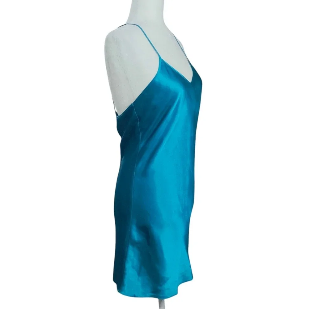 Vintage Victoria's Secret Gold Label Teal Blue Satin Slip Dress Small V-Neck 90s